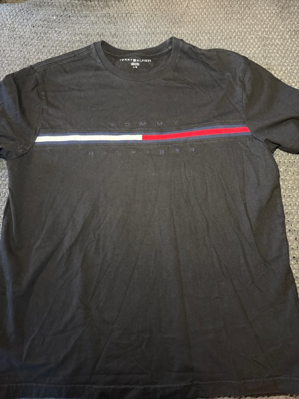 Tommy Hilfiger Black Short Sleeve Tee with Red, White & Blue Stripe